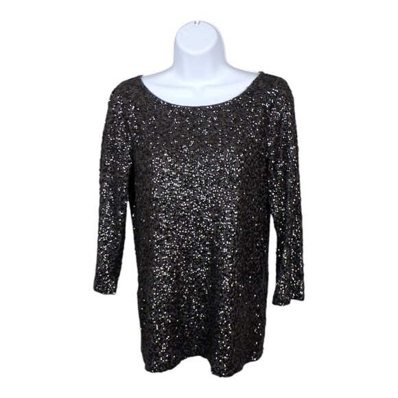 J. Crew Factory Glimmer 3/4 Sleeve All Over Sequin Top Black/Gray Sz Small #987 - Picture 1 of 5